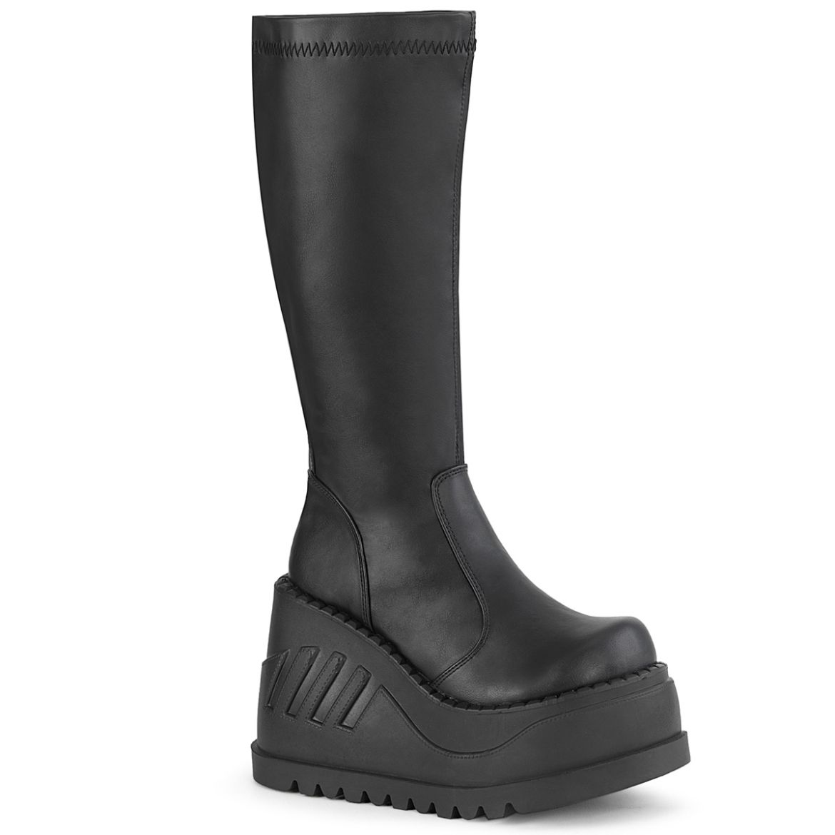 Product image of Demonia STOMP-200 Black Stretch Vegan Faux Leather 4 3/4 inch Wedge Platform Stretch Knee High Boot Back Zip