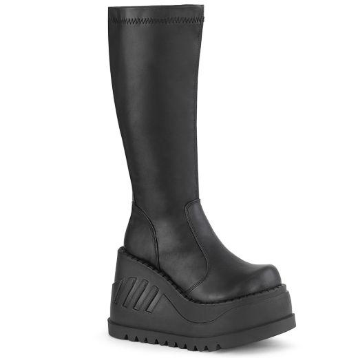 Product image of Demonia STOMP-200 Black Stretch Vegan Faux Leather 4 3/4 inch Wedge Platform Stretch Knee High Boot Back Zip