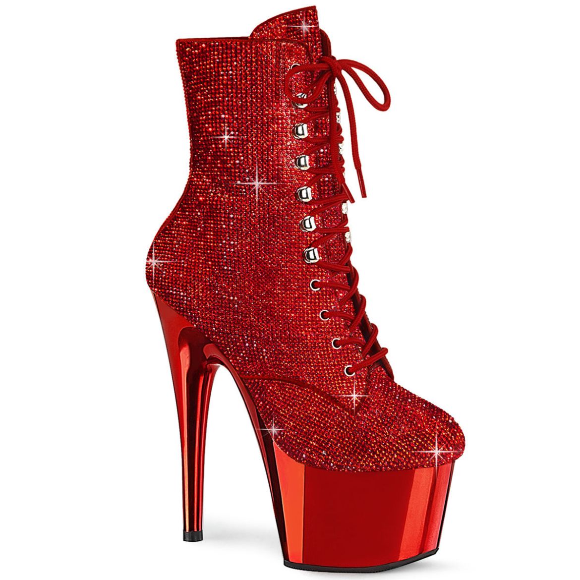 Image of Pleaser ADORE-1020CHRS Red RS/Red Chrome 7 Inch Heel  2 3/4 Inch PF RS Embellished Ankle Boot Side Zip