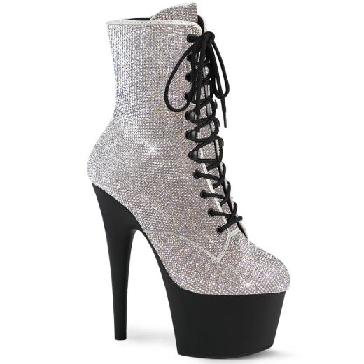 Image of Pleaser ADORE-1020RS Slv RS/Black Matte 7 Inch Heel  2 3/4 Inch PF RS Embellished Ankle Boot Side Zip