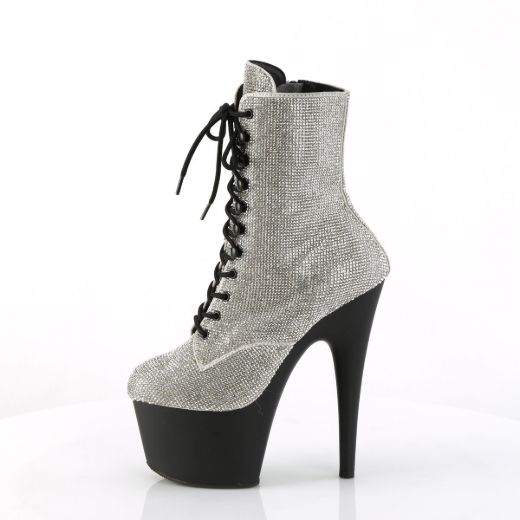 Image of Pleaser ADORE-1020RS Slv RS/Black Matte 7 Inch Heel  2 3/4 Inch PF RS Embellished Ankle Boot Side Zip