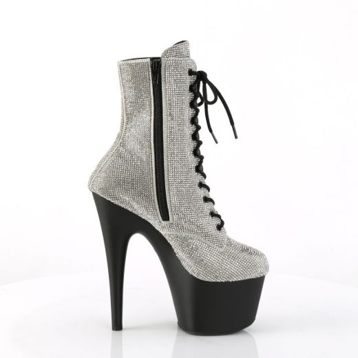 Image of Pleaser ADORE-1020RS Slv RS/Black Matte 7 Inch Heel  2 3/4 Inch PF RS Embellished Ankle Boot Side Zip