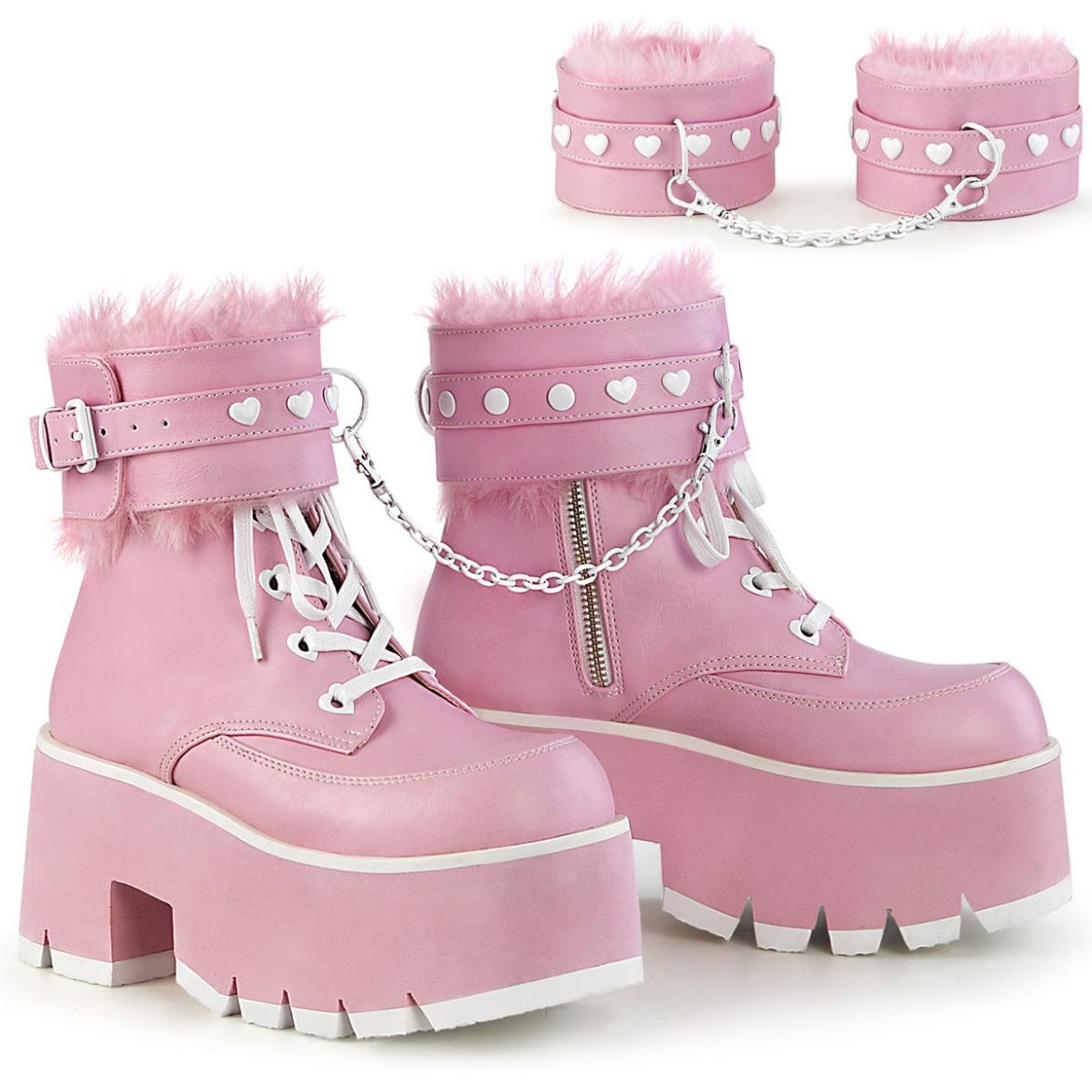 Image of Demonia ASHES-57 B. Pink Vegan Leather 3 1/2 Inch Chunky Heel 2 1/4 Inch PF Lace-Up Ankle BT Side Zip