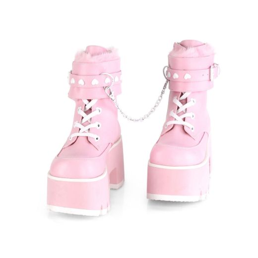 Image of Demonia ASHES-57 B. Pink Vegan Leather 3 1/2 Inch Chunky Heel 2 1/4 Inch PF Lace-Up Ankle BT Side Zip