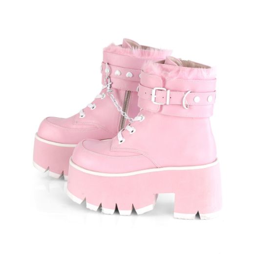 Image of Demonia ASHES-57 B. Pink Vegan Leather 3 1/2 Inch Chunky Heel 2 1/4 Inch PF Lace-Up Ankle BT Side Zip