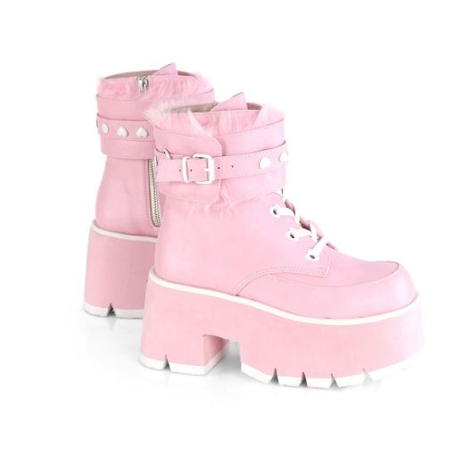Image of Demonia ASHES-57 B. Pink Vegan Leather 3 1/2 Inch Chunky Heel 2 1/4 Inch PF Lace-Up Ankle BT Side Zip