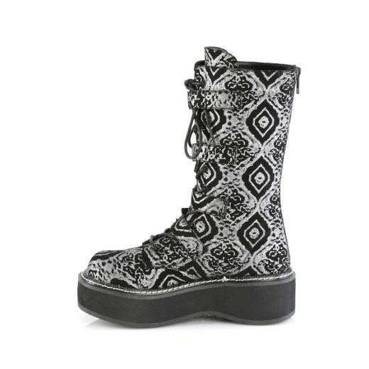 Image of Demonia EMILY-322 Blk-Silver Faux Nubuck Leather 2 Inch PF Lace_up Mid-Calf Boot w/ 4 Buckle Straps Back Zip