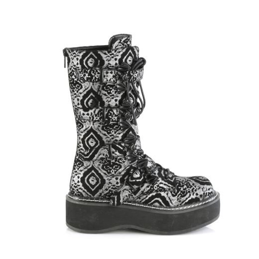 Image of Demonia EMILY-322 Blk-Silver Faux Nubuck Leather 2 Inch PF Lace_up Mid-Calf Boot w/ 4 Buckle Straps Back Zip