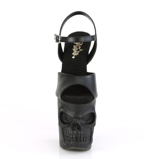 Image of Pleaser RAPTURE-809 Blk Faux Leather/Blk Matte 8 Inch Finger Bone Heel 4 Inch Skull PF Ankle Strap Sandal