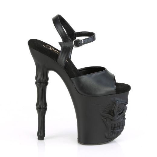 Image of Pleaser RAPTURE-809 Blk Faux Leather/Blk Matte 8 Inch Finger Bone Heel 4 Inch Skull PF Ankle Strap Sandal