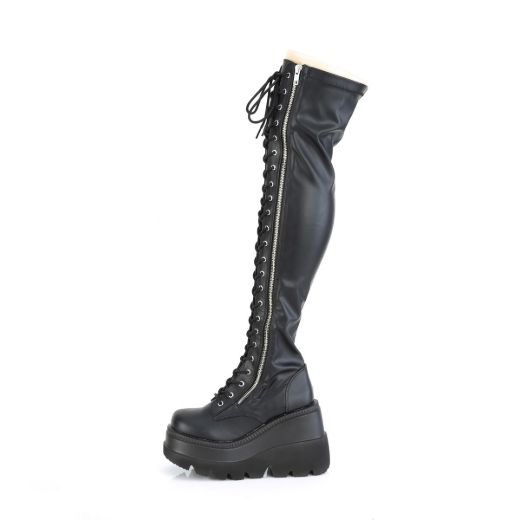 Image of Demonia SHAKER-374 Blk Str. Vegan Leather 4 1/2 Inch Wedge PF Lace-Up Thigh-High Boot Outside Zip
