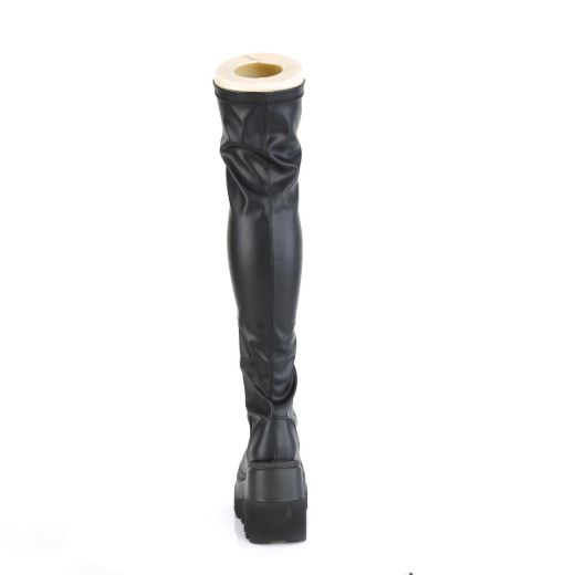 Image of Demonia SHAKER-374 Blk Str. Vegan Leather 4 1/2 Inch Wedge PF Lace-Up Thigh-High Boot Outside Zip