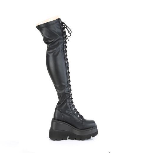 Image of Demonia SHAKER-374 Blk Str. Vegan Leather 4 1/2 Inch Wedge PF Lace-Up Thigh-High Boot Outside Zip