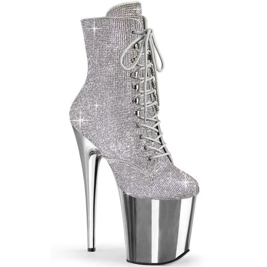 Image of Pleaser FLAMINGO-1020CHRS Slv RS/Slv Chrome 8 Inch Heel  4 Inch PF Lace-Up RS Embellished Ankle Boot Side Zip