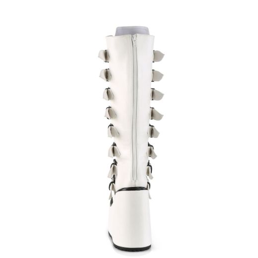 Image of Demonia SWING-815 Wht Vegan Leather 5 1/2 Inch PF Knee High Boot w/ 8 Buckle Straps Back Metal Zip