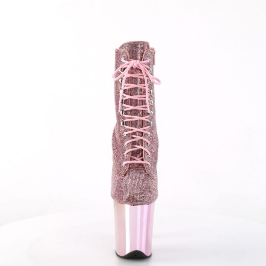 Image of Pleaser FLAMINGO-1020CHRS B. Pink RS/B. Pink Chrome 8 Inch Heel  4 Inch PF Lace-Up RS Embellished Ankle Boot Side Zip