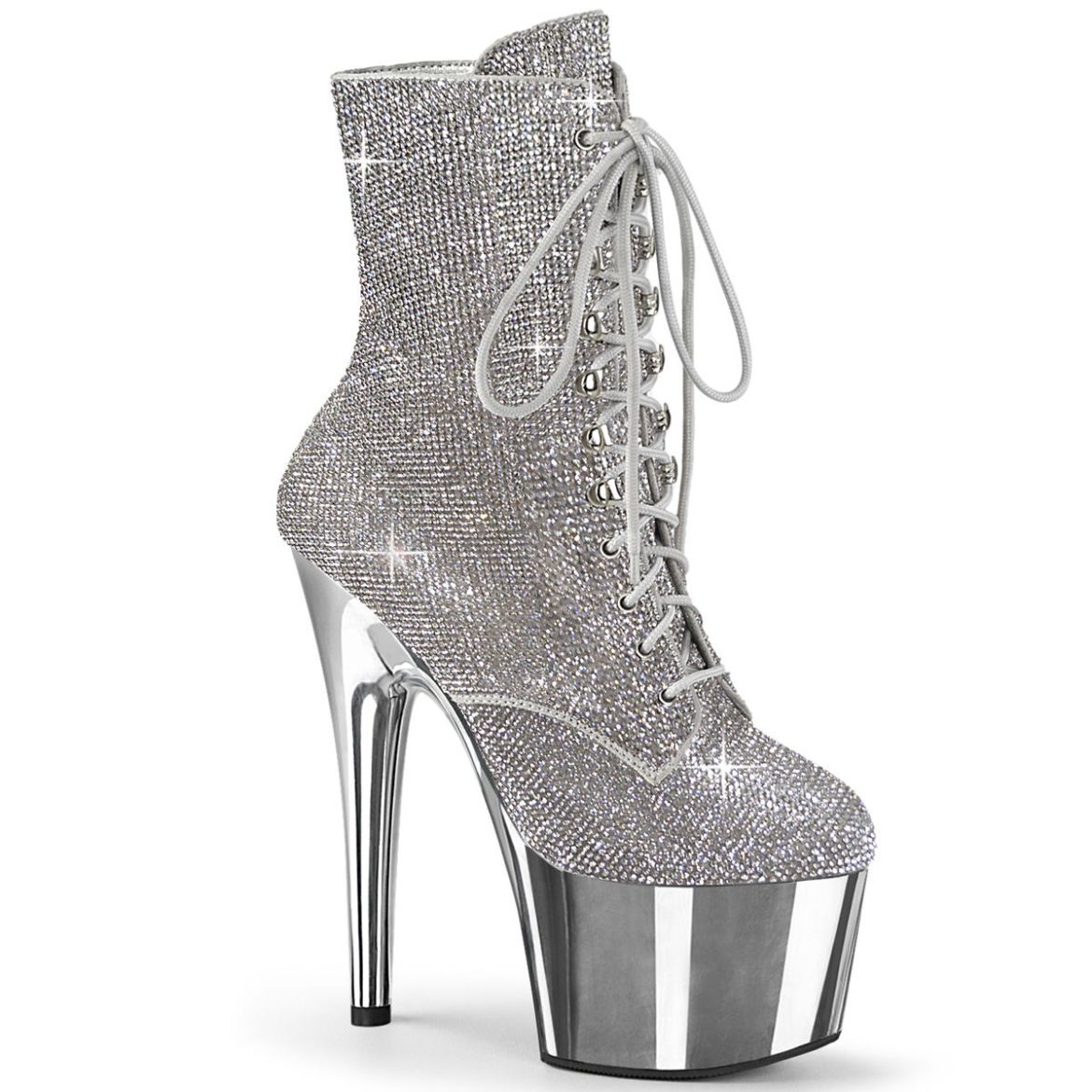 Image of Pleaser ADORE-1020CHRS Slv RS/Slv Chrome 7 Inch Heel  2 3/4 Inch PF RS Embellished Ankle Boot Side Zip