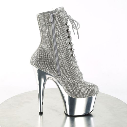 Image of Pleaser ADORE-1020CHRS Slv RS/Slv Chrome 7 Inch Heel  2 3/4 Inch PF RS Embellished Ankle Boot Side Zip