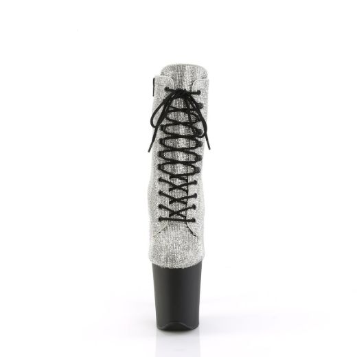 Image of Pleaser FLAMINGO-1020RS Slv RS/Black Matte 8 Inch Heel  4 Inch PF Lace-Up RS Embellished Ankle Boot Side Zip