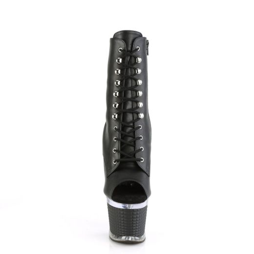 Image of Pleaser SPECTATOR-1021 Blk Faux Leather/Clr-Blk Matte 7 Inch Heel 3 Inch Textured PF Peep Toe Ankle Boot Side Zip
