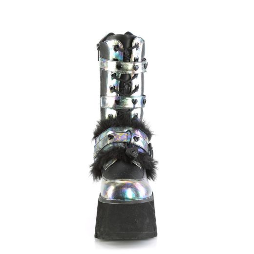 Image of Demonia ASHES-120 Blk Vegan Le Green Multi Oil 3 1/2 Inch Chunky Heel 2 1/4 Inch PF Lace-Up Mid-Calf BT Side Zip