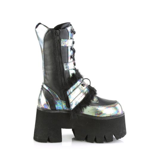 Image of Demonia ASHES-120 Blk Vegan Le Green Multi Oil 3 1/2 Inch Chunky Heel 2 1/4 Inch PF Lace-Up Mid-Calf BT Side Zip