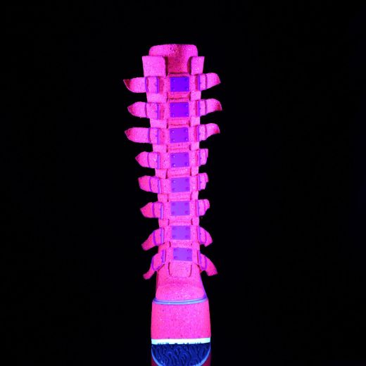 Image of Demonia SWING-815UV Pink Glitter 5 1/2 Inch PF Knee High Boot w/ 8 Buckle Straps Back Metal Zip