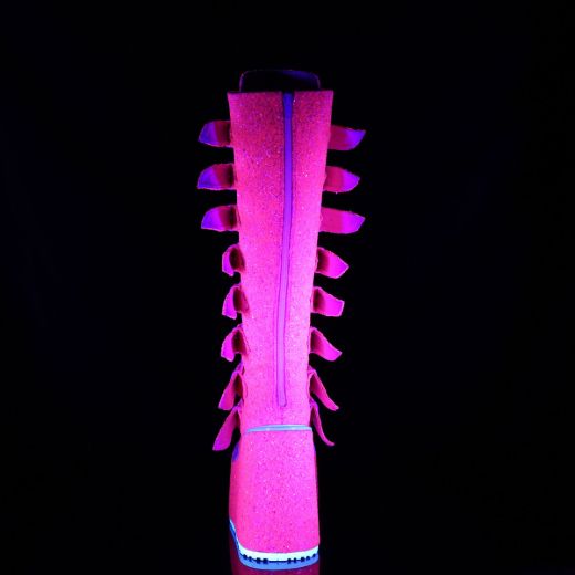 Image of Demonia SWING-815UV Pink Glitter 5 1/2 Inch PF Knee High Boot w/ 8 Buckle Straps Back Metal Zip