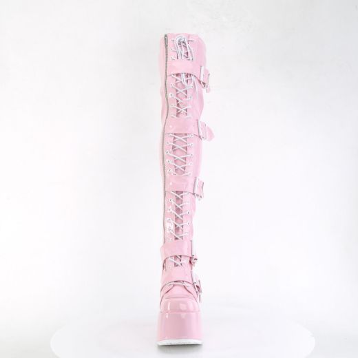 Image of Demonia CAMEL-305 B. Pink Stretch Hologram 5 Inch Chunky Heel 3 Inch PF Thigh-High Lace-Up Boot Inside Zip