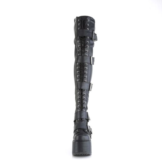 Image of Demonia CAMEL-305 Blk Stretch Vegan Leather 5 Inch Chunky Heel 3 Inch PF Thigh-High Lace-Up Boot Inside Zip