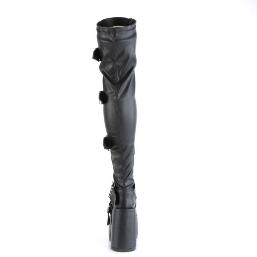 Image of Demonia CAMEL-305 Blk Stretch Vegan Leather 5 Inch Chunky Heel 3 Inch PF Thigh-High Lace-Up Boot Inside Zip