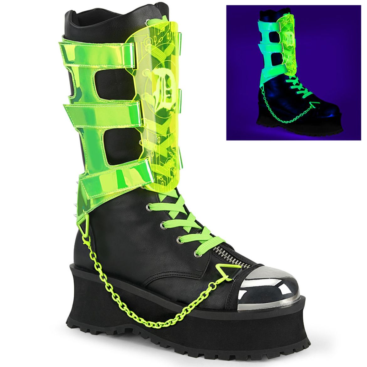 Image of Demonia GRAVEDIGGER-255 Blk Vegan Leather 2 3/4 Inch Platform Lace-Up Mid Calf Boot Inside Zip