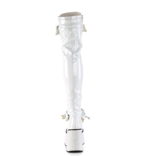 Image of Demonia KERA-303 Wht Stretch Patent 4 1/2 Inch Wedge PF Lace-Up Stretch Thigh Boot Side Zip