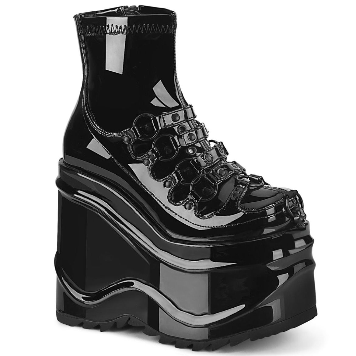 Image of Demonia WAVE-110 Blk Pat 6 Inch Wedge PF Stretch Ankle Boot Inside Zip
