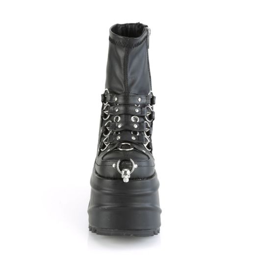 Image of Demonia WAVE-110 Blk Stretch Vegan Leather 6 Inch Wedge PF Stretch Ankle Boot Inside Zip