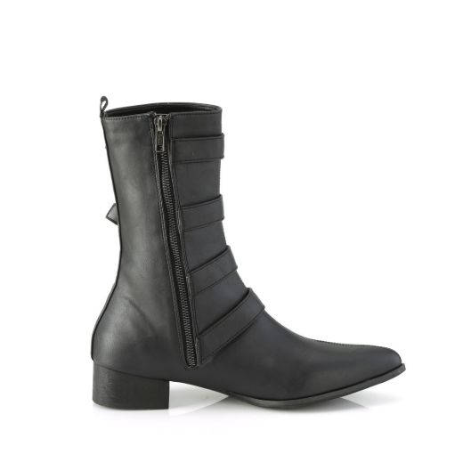 Image of Demonia WARLOCK-110-C Blk Vegan Leather 1 1/2 Inch Block Heel Pointed Toe Mid-Calf Boot Side Zip