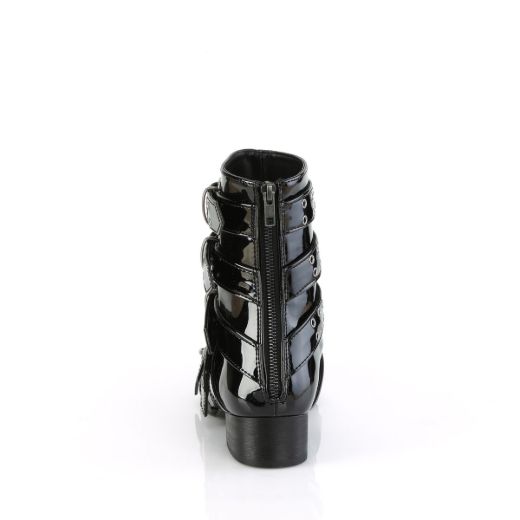 Image of Demonia WARLOCK-70 Blk Pat 1 1/2 Inch Block Heel Pointed Toe Calf High Boot Back Zip