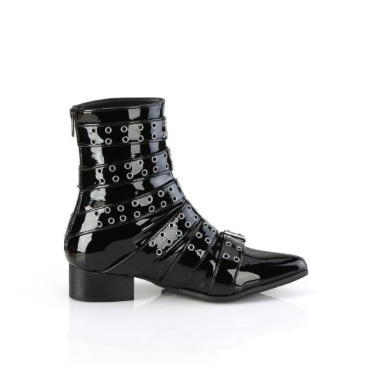 Image of Demonia WARLOCK-70 Blk Pat 1 1/2 Inch Block Heel Pointed Toe Calf High Boot Back Zip