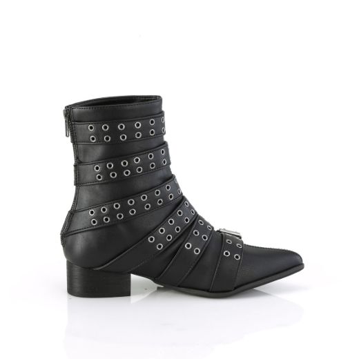 Image of Demonia WARLOCK-70 Blk Vegan Leather 1 1/2 Inch Block Heel Pointed Toe Calf High Boot Back Zip