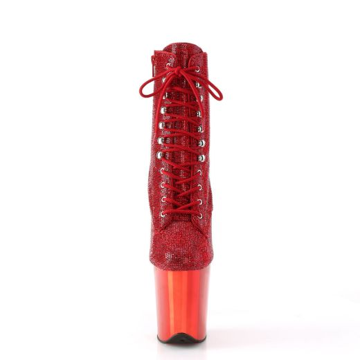 Image of Pleaser FLAMINGO-1020CHRS Red RS/Red Chrome 8 Inch Heel  4 Inch PF Lace-Up RS Embellished Ankle Boot Side Zip