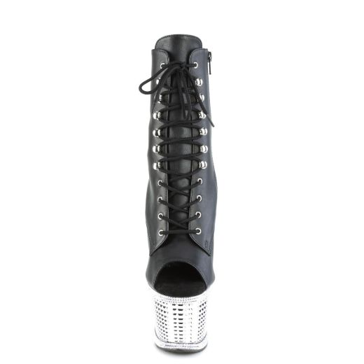 Image of Pleaser SPECTATOR-1021RS Blk Faux Leather/Slv RS-Chrome 7 Inch Heel 3 Inch Textured PF Peep Toe Ankle Boot Side Zip
