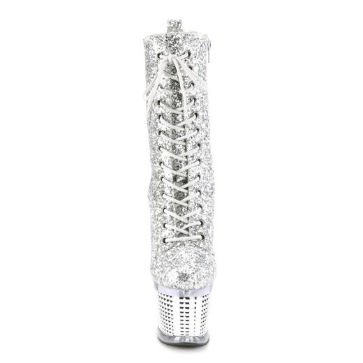 Image of Pleaser SPECTATOR-1040G Slv Glitter/Clr-Slv Chrome 7 Inch Heel 3 Inch Textured PF Lace-Up Front Ankle Boot Side Zip