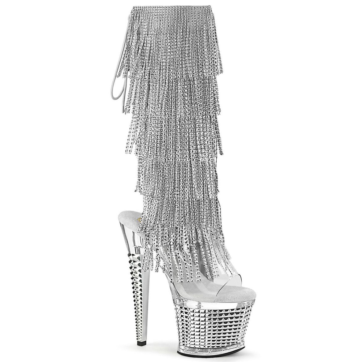 Image of Pleaser SPECTATOR-2017RSF Clr-Slv/Clr-Slv Chrome 7 Inch Heel 3 Inch Textured PF Open Toe/Heel Knee Boot Side Zip