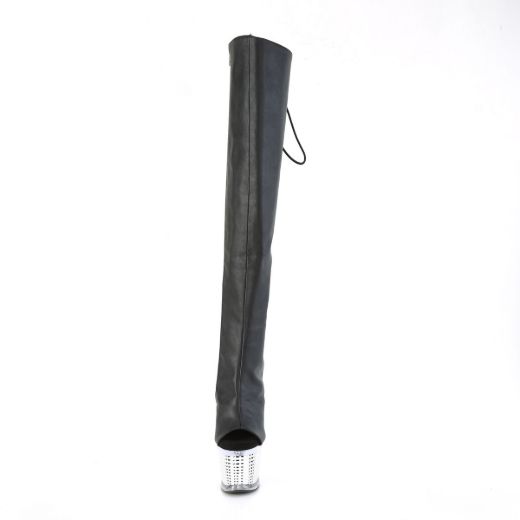 Image of Pleaser SPECTATOR-3019 Blk Faxur Leather/Clr-Slv Chrome 7 Inch Heel 3 Inch Textured PF Over-The-Knee Boot Side Zip