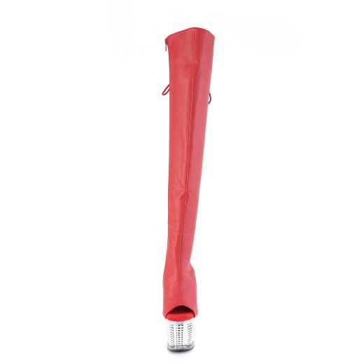 Image of Pleaser SPECTATOR-3019 Red Faux Leather/Clr-Slv Chrome 7 Inch Heel 3 Inch Textured PF Over-The-Knee Boot Side Zip