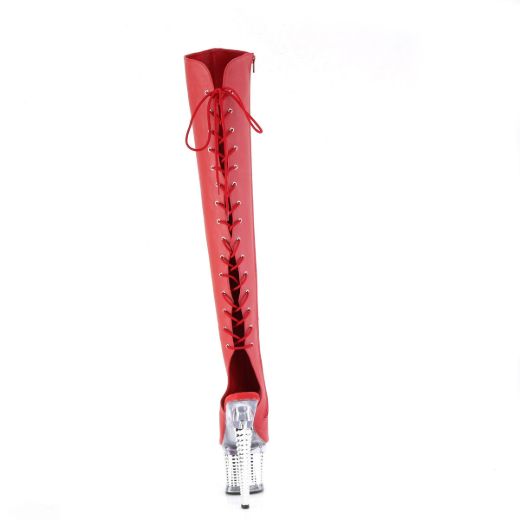 Image of Pleaser SPECTATOR-3019 Red Faux Leather/Clr-Slv Chrome 7 Inch Heel 3 Inch Textured PF Over-The-Knee Boot Side Zip
