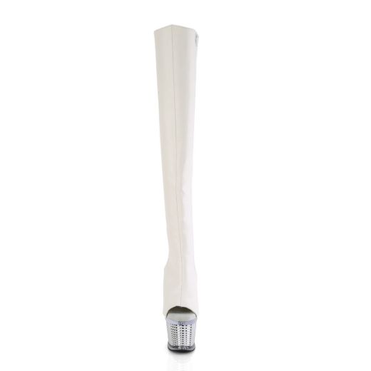 Image of Pleaser SPECTATOR-3019 Wht Faux Leather/Clr-Slv Chrome 7 Inch Heel 3 Inch Textured PF Over-The-Knee Boot Side Zip
