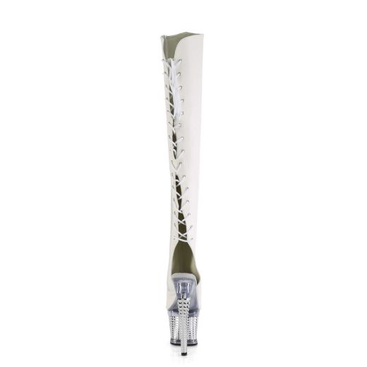 Image of Pleaser SPECTATOR-3019 Wht Faux Leather/Clr-Slv Chrome 7 Inch Heel 3 Inch Textured PF Over-The-Knee Boot Side Zip
