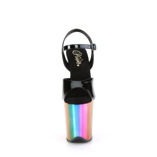 Image of Pleaser FLAMINGO-809RC Blk Pat/Rainbow Chrome 8 Inch Heel 4 Inch Chrome Plated PF Ankle Strap Sandal