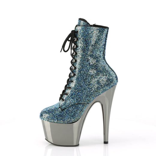 Image of Pleaser ADORE-1020CHRS Turquoise Multi RS/Pewter Chrome 7 Inch Heel  2 3/4 Inch PF RS Embellished Ankle Boot Side Zip